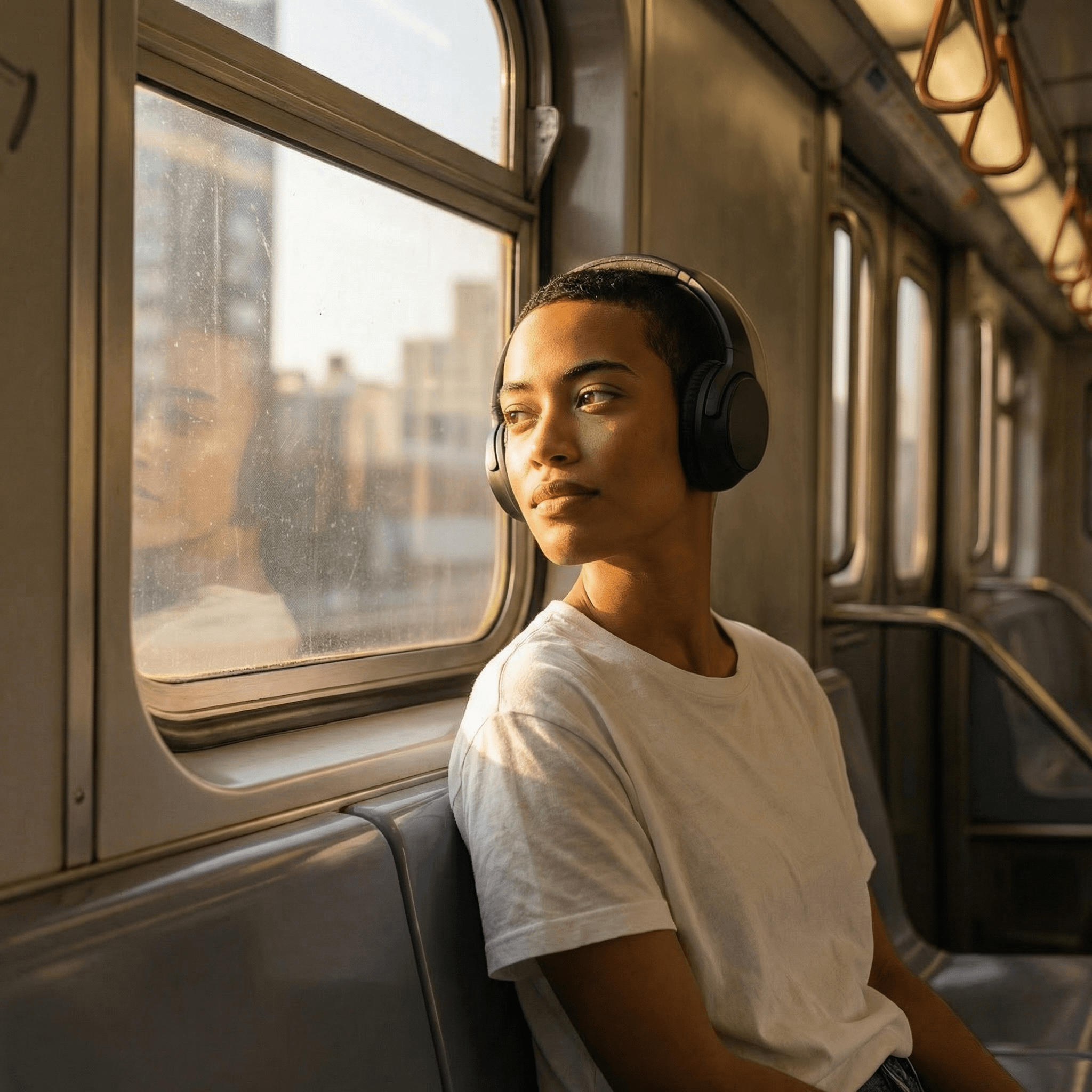 Woman wearing headphones on public transport